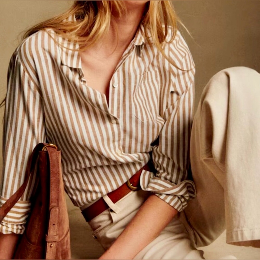 Sezane Tomboy Shirt .. Ecru-Camel Stripe .. Size 44 ( Fr) 12 ( US )